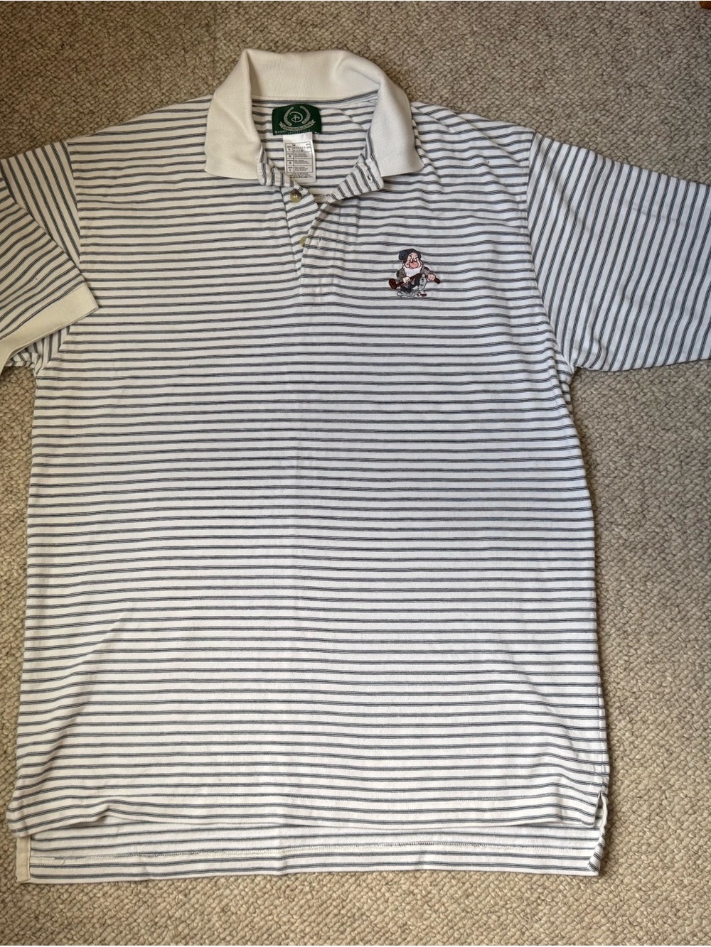Men’s Disney “Grumpy” Golf Polo White with Thin Gray/Blue Stripes.